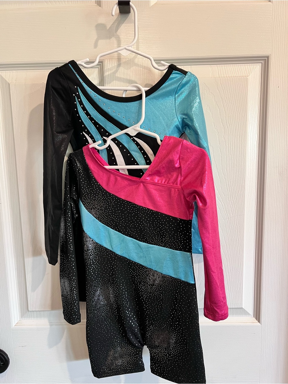 Girls Sparkle Gymnastics Leotard Bundle 2 Long Sleeve Leos • Pink Blue Black •